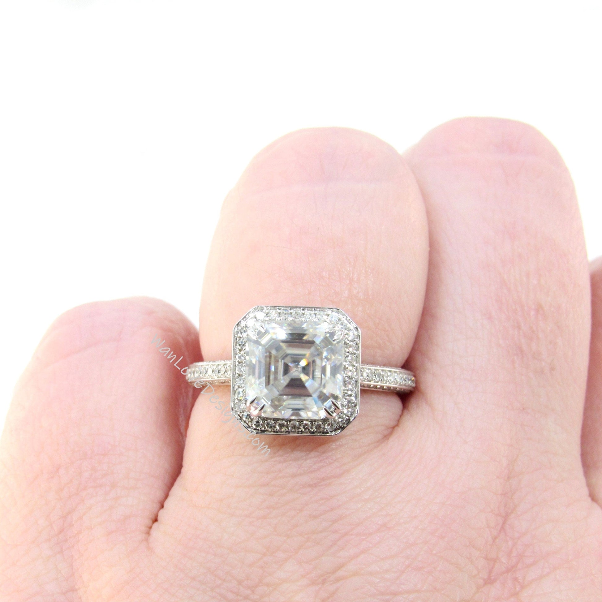 Moissanite & Diamond Asscher Halo Engagement Ring, 3 sided shank, Custom, Wedding,14k 18k White Rose Yellow Gold,Platinum Wan Love Designs