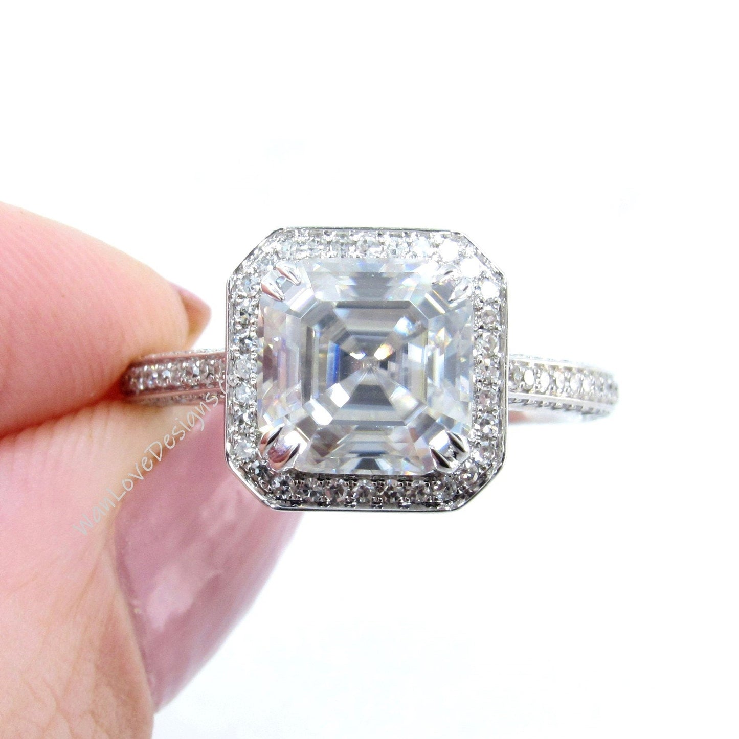 Moissanite & Diamond Asscher Halo Engagement Ring, 3 sided shank, Custom, Wedding,14k 18k White Rose Yellow Gold,Platinum Wan Love Designs