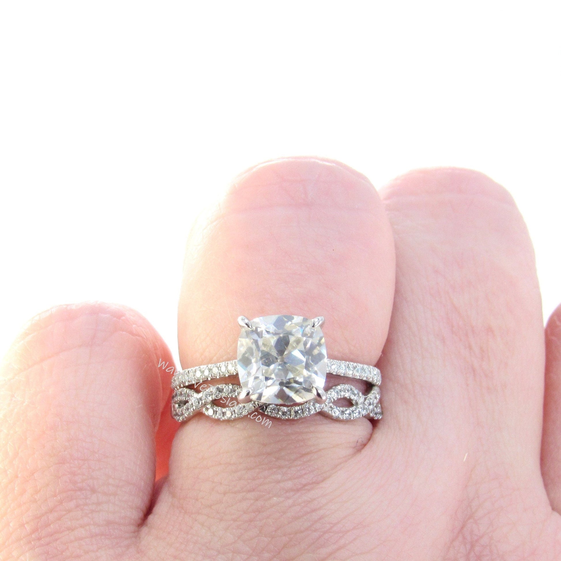 Moissanite Diamond Cushion Engagement Ring Set, Infinity Twisted Wedding Band, Custom,14k 18k White Yellow Rose Gold-Platinum