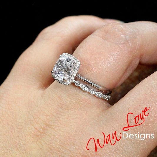 Moissanite Diamond Cushion Halo Engagement Ring,Milgrain Leaf Wedding Band,Round, Custom,14k 18k White Yellow Rose Gold-Platinum Wan Love Designs