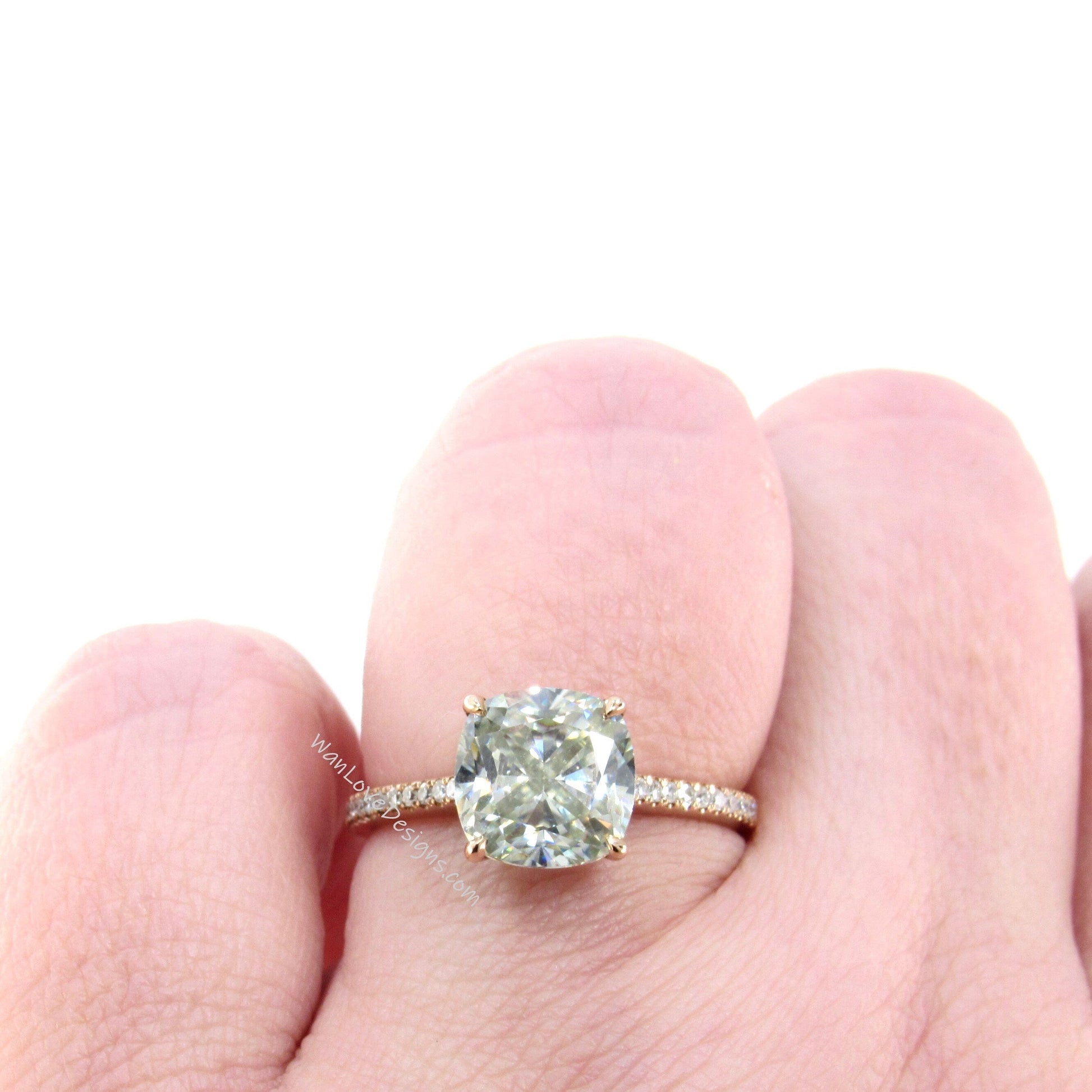 Moissanite & Diamond Cushion Side Halo Engagement Ring-Hidden-Floating-Champagne-2.5ct-8mm-Custom-Wedding-Anniversary Gift-Ready to Ship Wan Love Designs