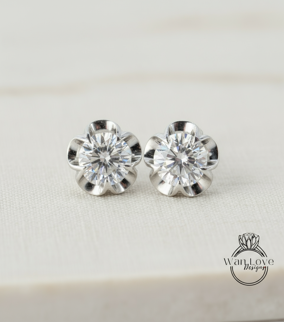 Moissanite Diamond Earrings • Buttercup Flower Stud Birthstone Earrings • Gemstone Floral Earrings • Lab Diamond Earrings • Gift for Her