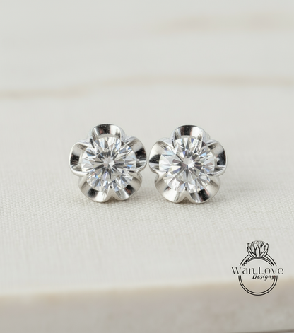 Moissanite Diamond Earrings • Buttercup Flower Stud Birthstone Earrings • Gemstone Floral Earrings • Lab Diamond Earrings • Gift for Her