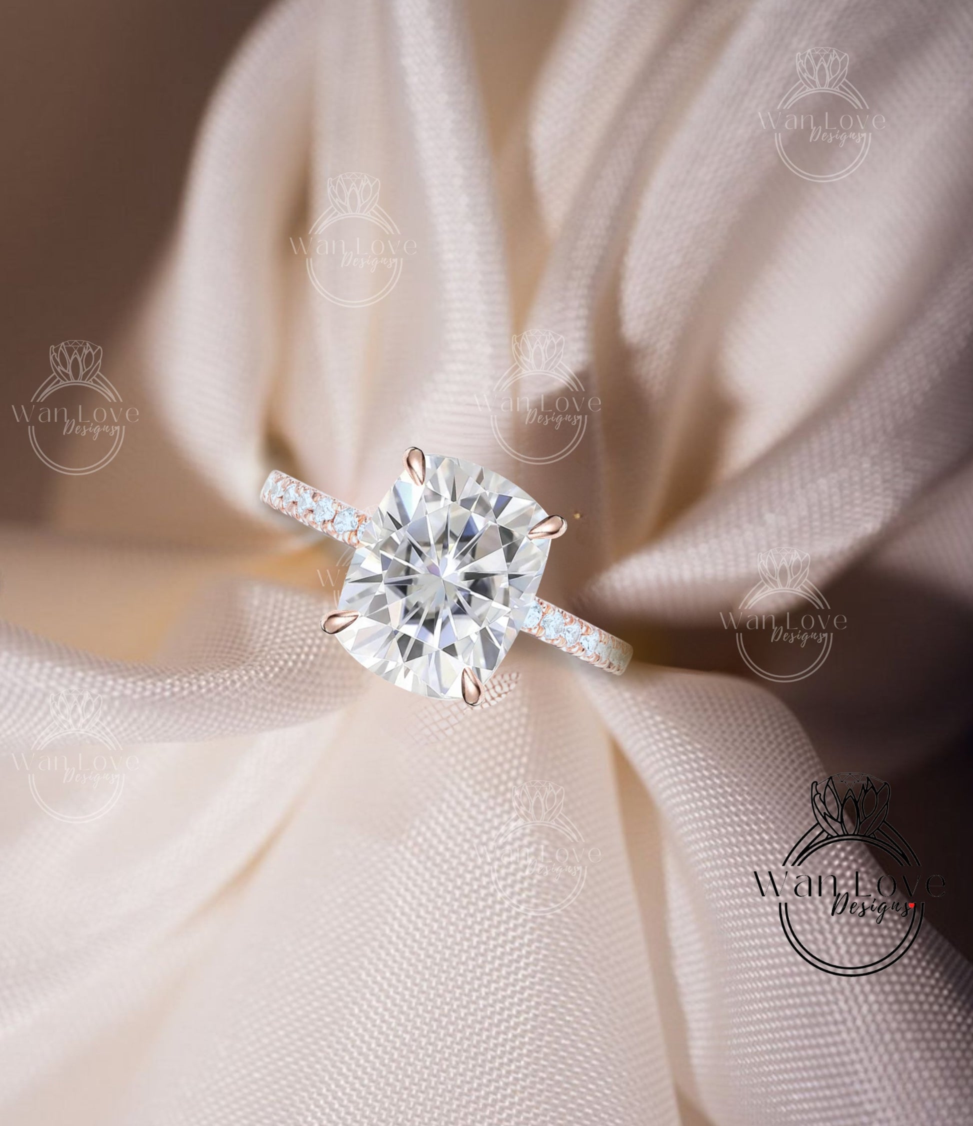Moissanite & Diamond Elongated Cushion Engagement Ring, 14k 18k White Yellow Rose gold-Platinum-Wedding-Anniversary Wan Love Designs