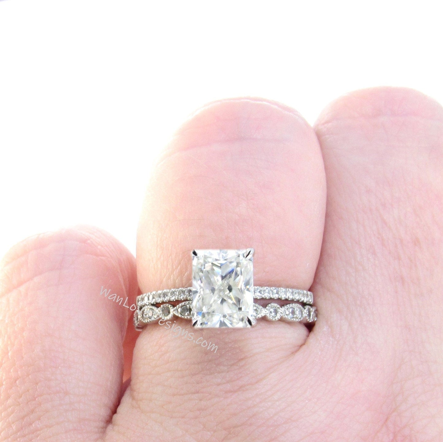 Moissanite & Diamond Elongated Cushion Engagement Ring Set, Milgrain Scalloped Wedding Band, Custom-14k 18k White Yellow Rose Gold, Platinum Wan Love Designs