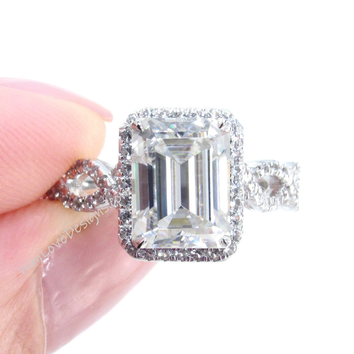 Moissanite Diamond Emerald Halo Engagement Ring, 3/4 Eternity Infinity Twist Shank Band Set, Custom, 14k 18k White Rose Yellow Gold Wan Love Designs
