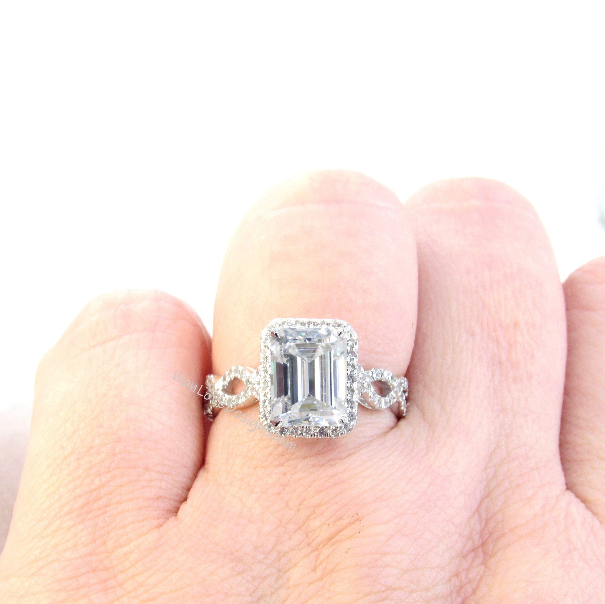 Moissanite Diamond Emerald Halo Engagement Ring, 3/4 Eternity Infinity Twist Shank Band Set, Custom, 14k 18k White Rose Yellow Gold Wan Love Designs