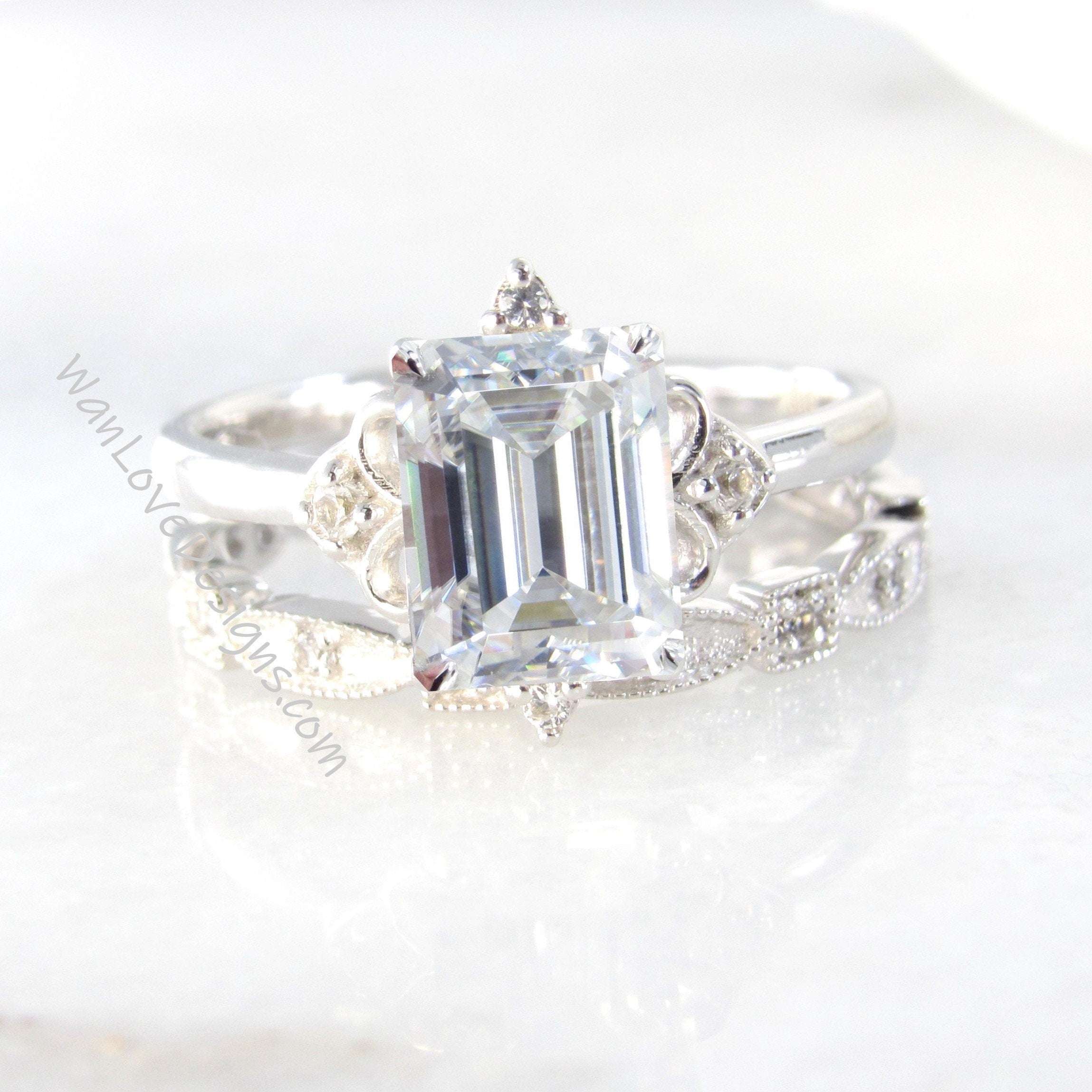 White Moissanite Emerald Cut Ring, Wedding Engagement Ring, Solitaire With Accents Ring, Moissanite Ring, 2024 Solid 14K Rose Gold Ring, 12x8 MM