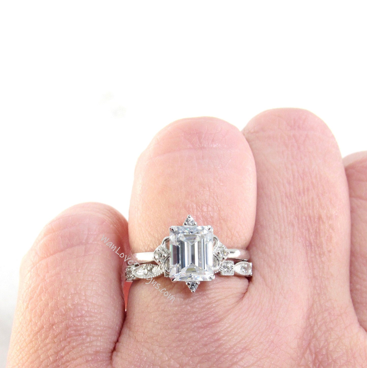 Moissanite & Diamond Emerald cut Engagement Ring Set,Full Eternity Wedding Band, Custom-14k 18k White Yellow Rose Gold-Platinum Wan Love Designs