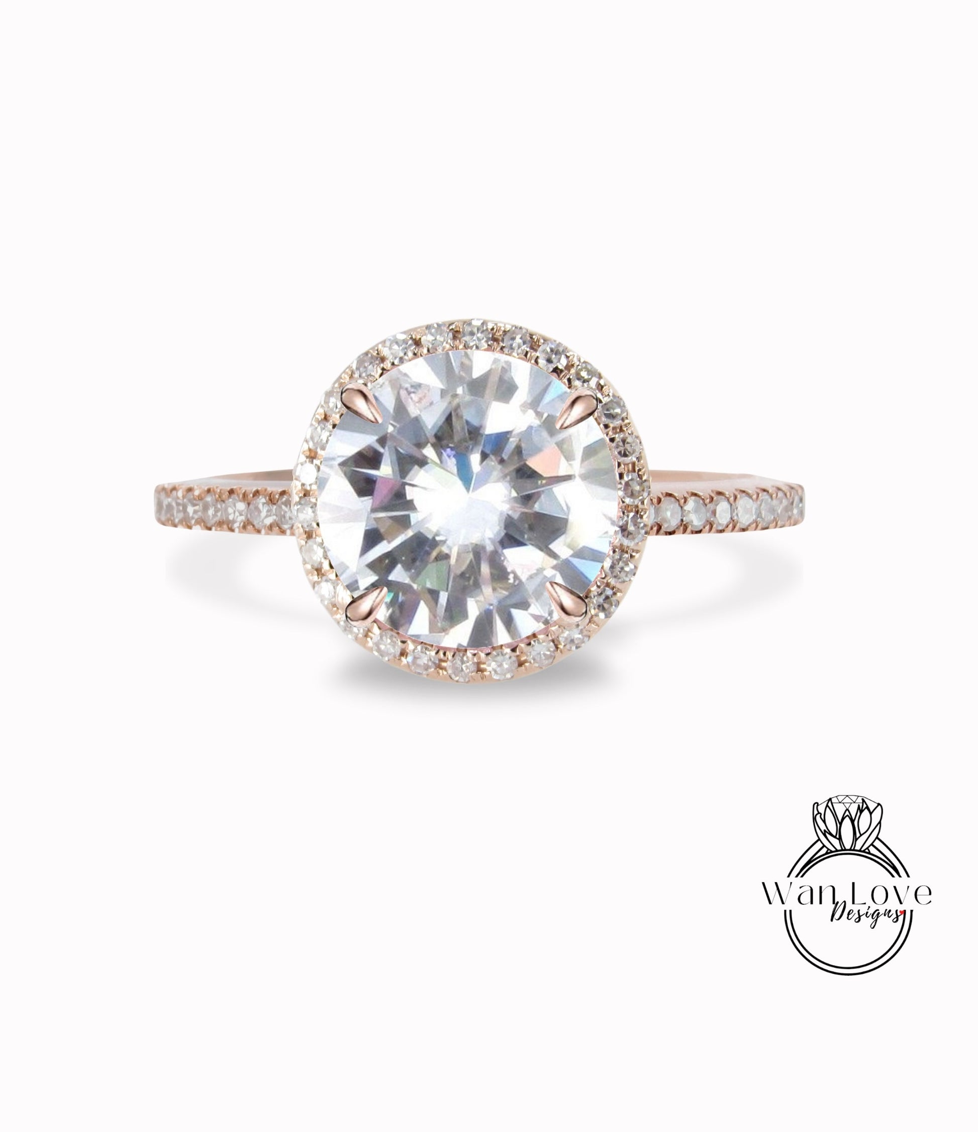 Moissanite Diamond Halo Engagement Ring, Round Halo Moissanite Engagement Ring, round diamond halo moissanite rose anniversary promise ring Wan Love Designs