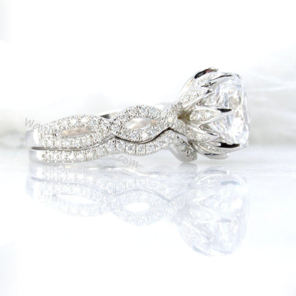 Moissanite & Diamond Lotus Flower Infinity Twist Shank Engagement Ring Set, Nesting Wedding Band, 14k 18k gold-Platinum-Custom, Gift Wan Love Designs