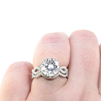 Moissanite & Diamond Lotus Flower Infinity Twist Shank Engagement Ring Set, Nesting Wedding Band, 14k 18k gold-Platinum-Custom, Gift Wan Love Designs
