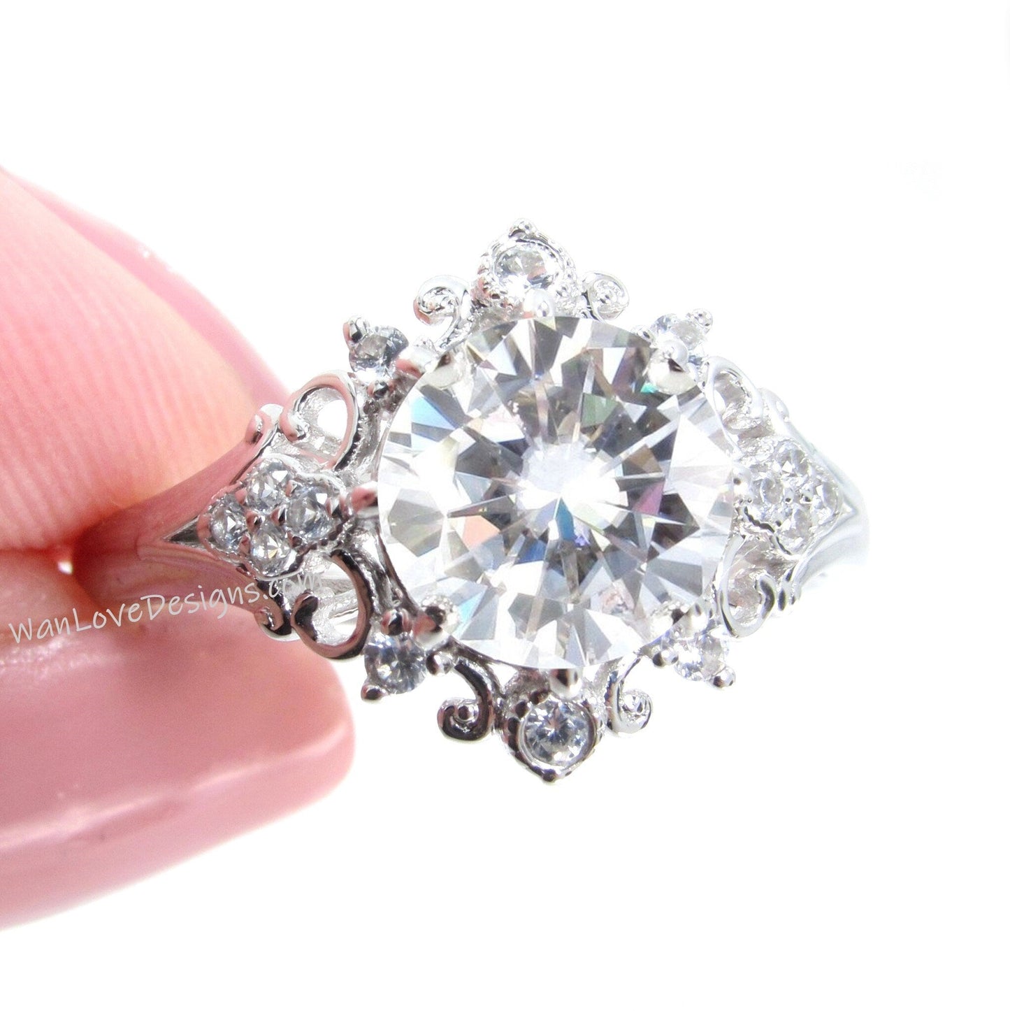Moissanite Diamond Ornate Floral Quatrefoil Engagement Ring, Round, 2ct-8mm-14k 18k White Yellow Rose gold-Platinum-Custom-Wedding-Gift Wan Love Designs