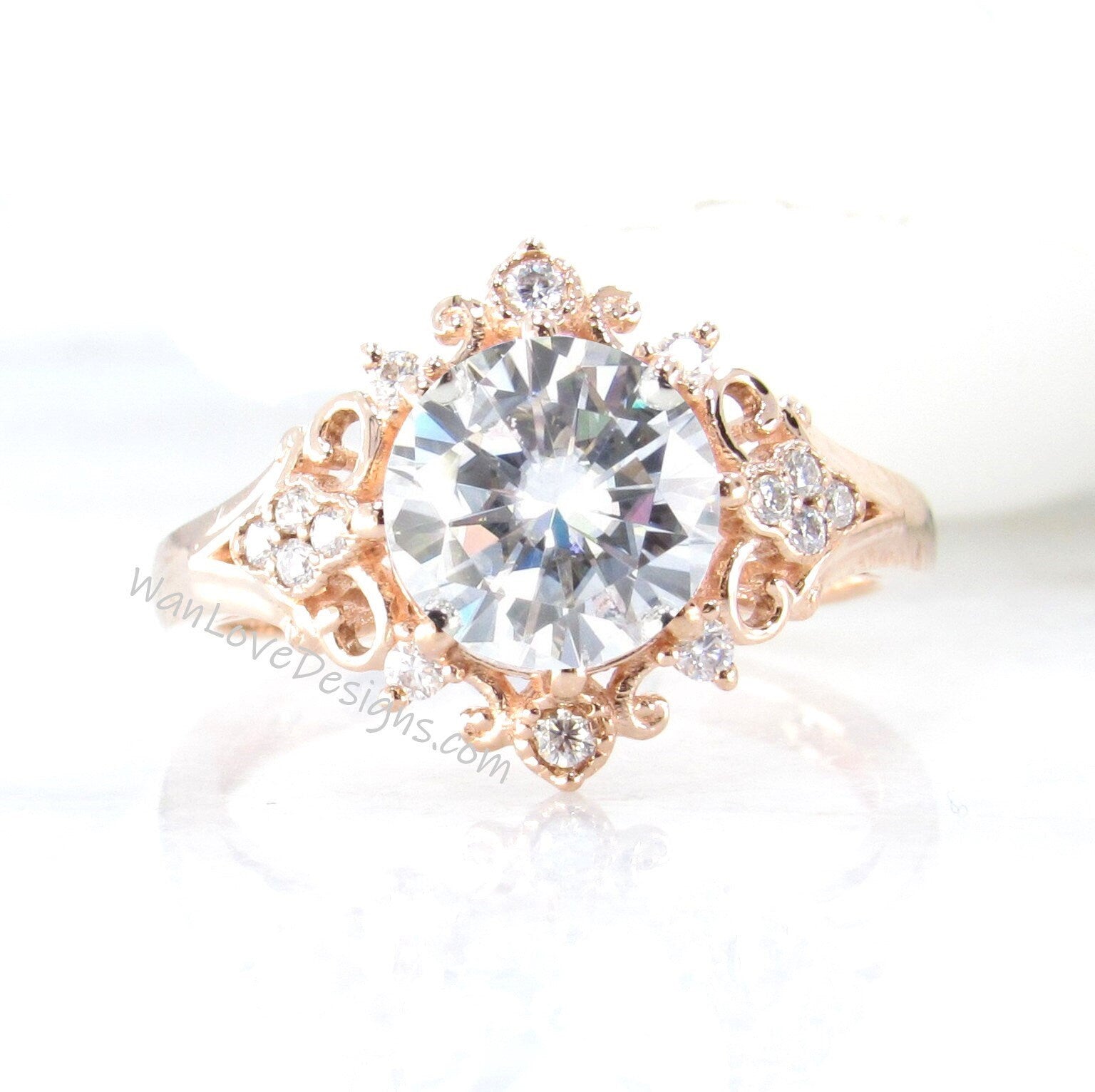 Moissanite Diamond Ornate Floral Quatrefoil Engagement Ring, Round, 2ct-8mm-14k 18k White Yellow Rose gold-Platinum-Custom-Wedding-Gift Wan Love Designs