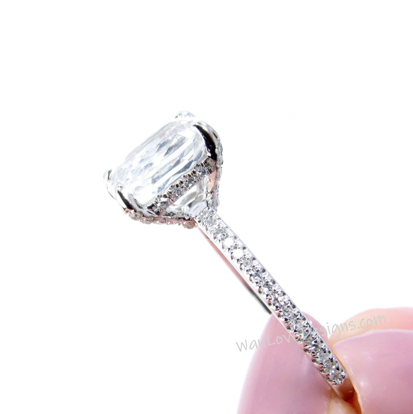 Moissanite Diamond Oval Side Halo Engagement Ring 3/4 Almost Eternity Long Cushion, Custom-14k 18k White Rose Yellow Gold-Platinum Wan Love Designs