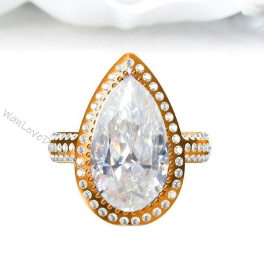 Moissanite & Diamond Pear Halo Engagement Ring, 6.5ct, 16x9mm, 14k 18k White Yellow Rose Gold-Platinum-Custom made-Wedding-Anniversary,Gift Wan Love Designs