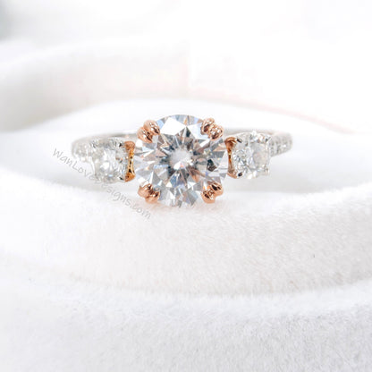 Moissanite Diamond Ring Three Stone Moissanite Ring Round moissanite engagement Ring Diamond wedding Anniversary promise bridal ring gift Wan Love Designs