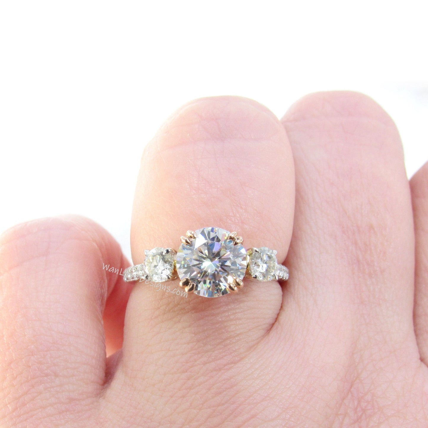 Moissanite Diamond Ring Three Stone Moissanite Ring Round moissanite engagement Ring Diamond wedding Anniversary promise bridal ring gift Wan Love Designs