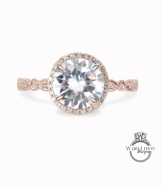 Moissanite & Diamond Scalloped Engagement Ring, Round Halo Moissanite Ring, Milgrain Vintage Diamond Moissanite Bridal Ring, Custom Wan Love Designs