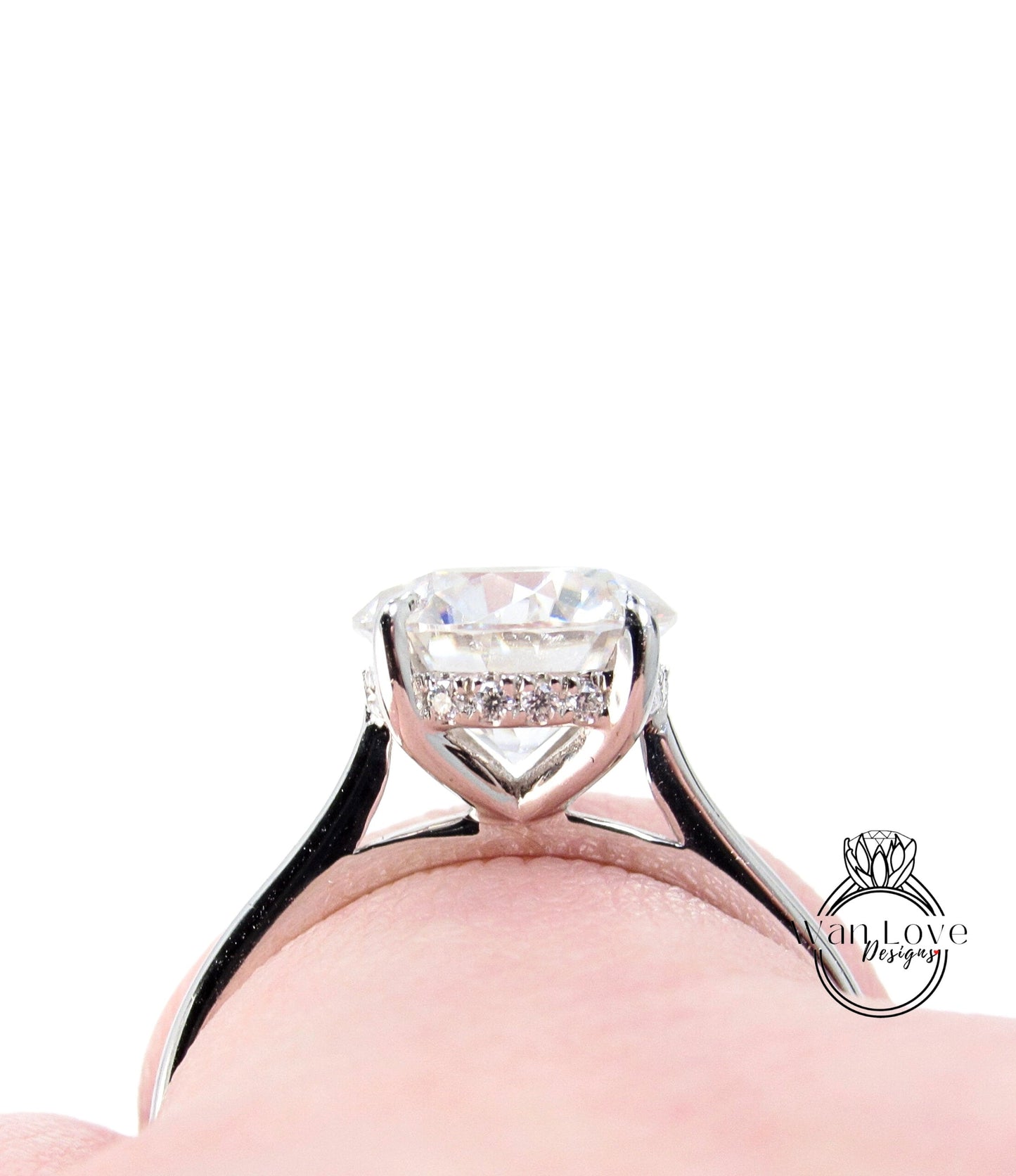 Moissanite Diamond Side Halo Round Engagement Ring, Moissanite diamond art deco ring minimalist tapered Bridal Anniversary promise wedding Wan Love Designs