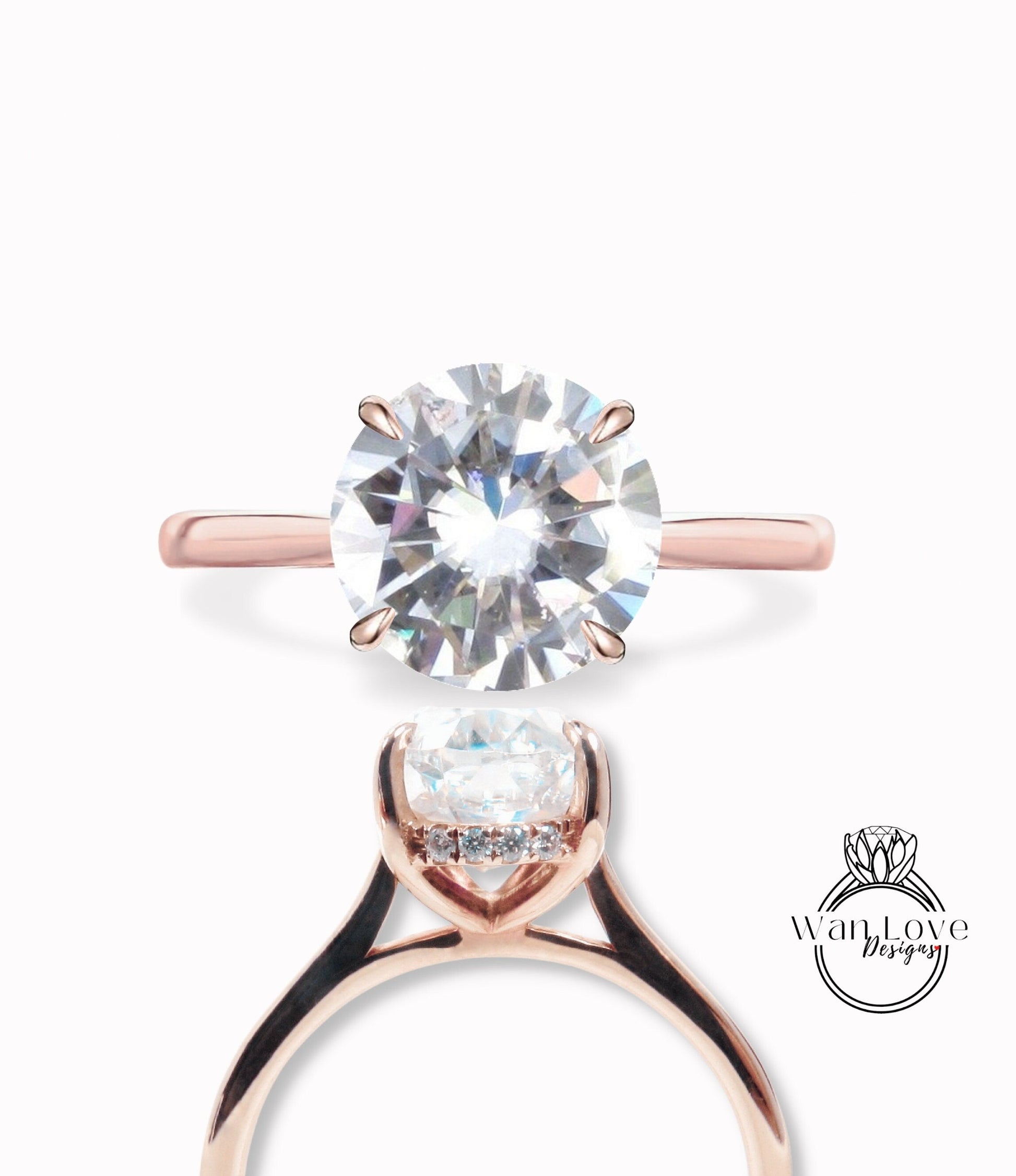 Moissanite Diamond Side Halo Round Engagement Ring, Moissanite diamond art deco ring minimalist tapered Bridal Anniversary promise wedding Wan Love Designs