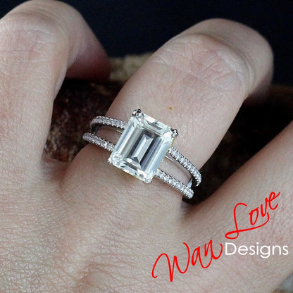 Moissanite & Diamond Split Shank Emerald 3/4 Almost Eternity Engagement Ring 14k 18k White Yellow Rose Gold,Platinum,Custom,Wedding Wan Love Designs