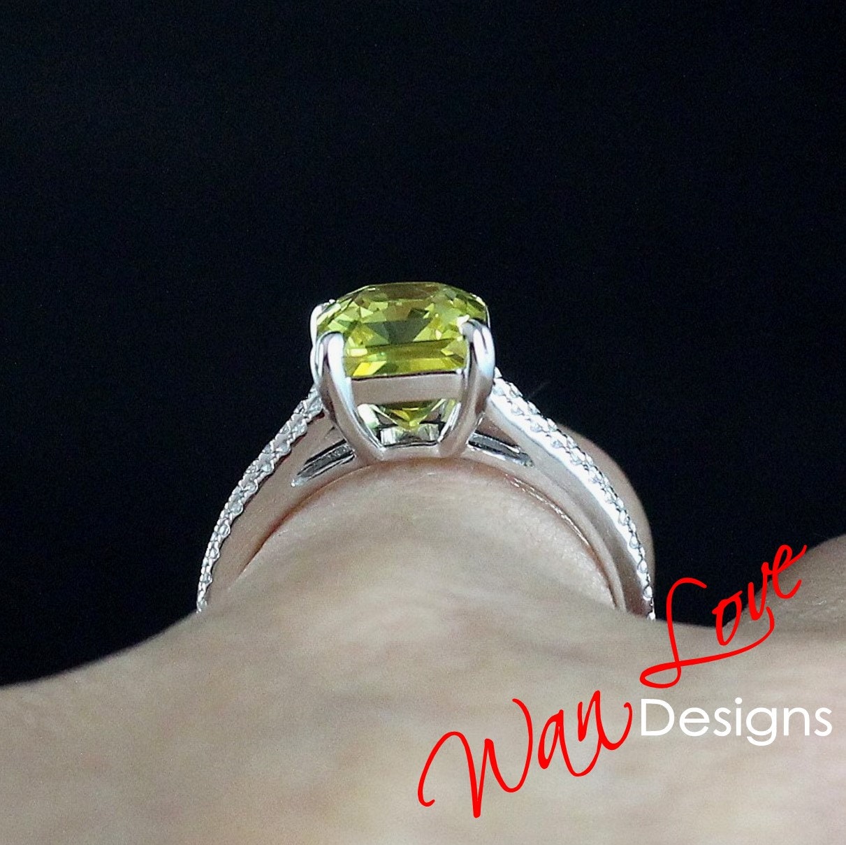 Moissanite & Diamond Split Shank Emerald 3/4 Almost Eternity Engagement Ring 14k 18k White Yellow Rose Gold,Platinum,Custom,Wedding Wan Love Designs