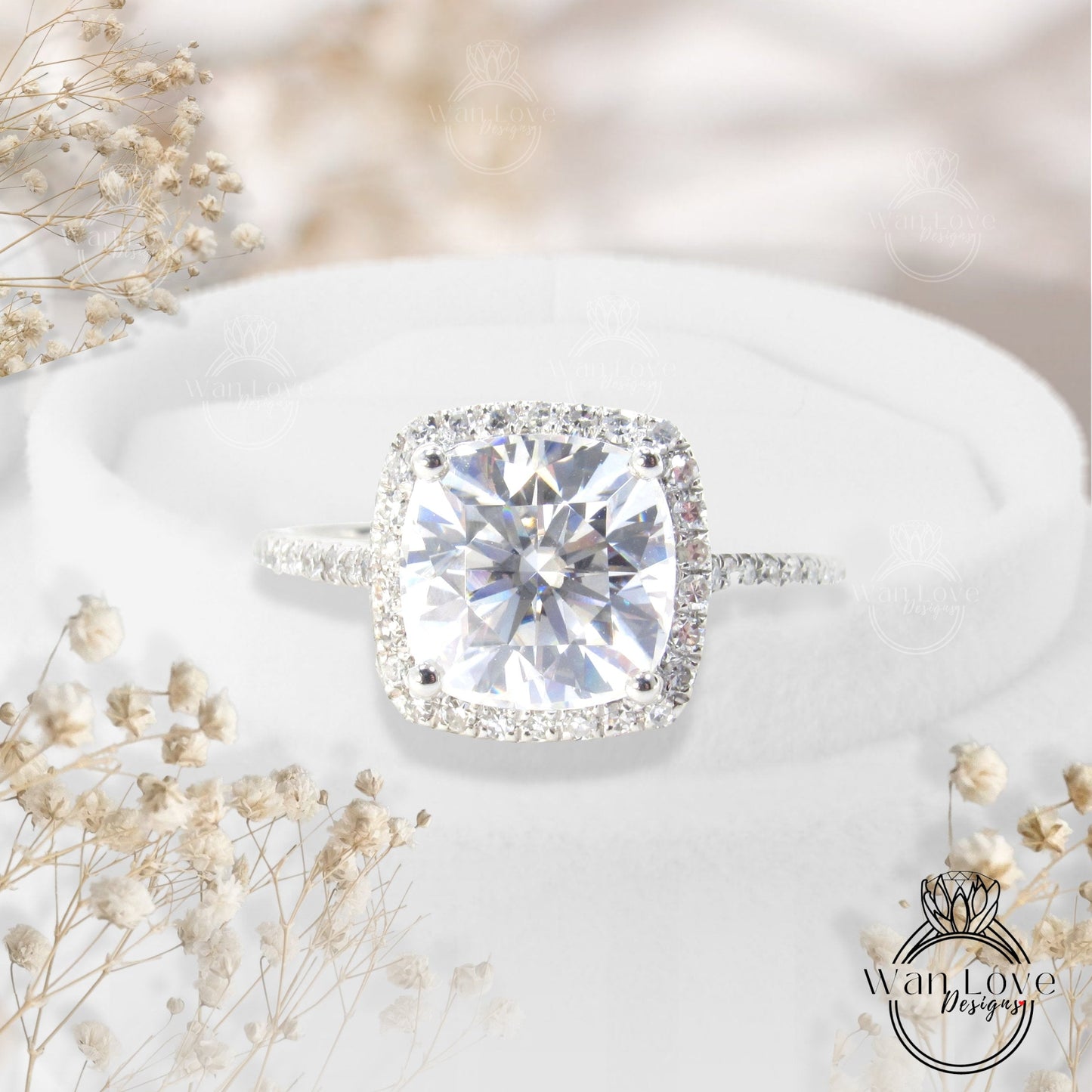 Moissanite & Diamond engagement ring unique cushion cut Vintage halo platinum wedding Bridal promise Anniversary ring wedding ring Ready Wan Love Designs