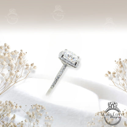 Moissanite & Diamond engagement ring unique cushion cut Vintage halo platinum wedding Bridal promise Anniversary ring wedding ring Ready Wan Love Designs