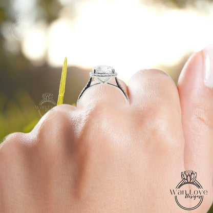 Moissanite & Diamond engagement ring unique cushion cut Vintage halo platinum wedding Bridal promise Anniversary ring wedding ring Ready Wan Love Designs