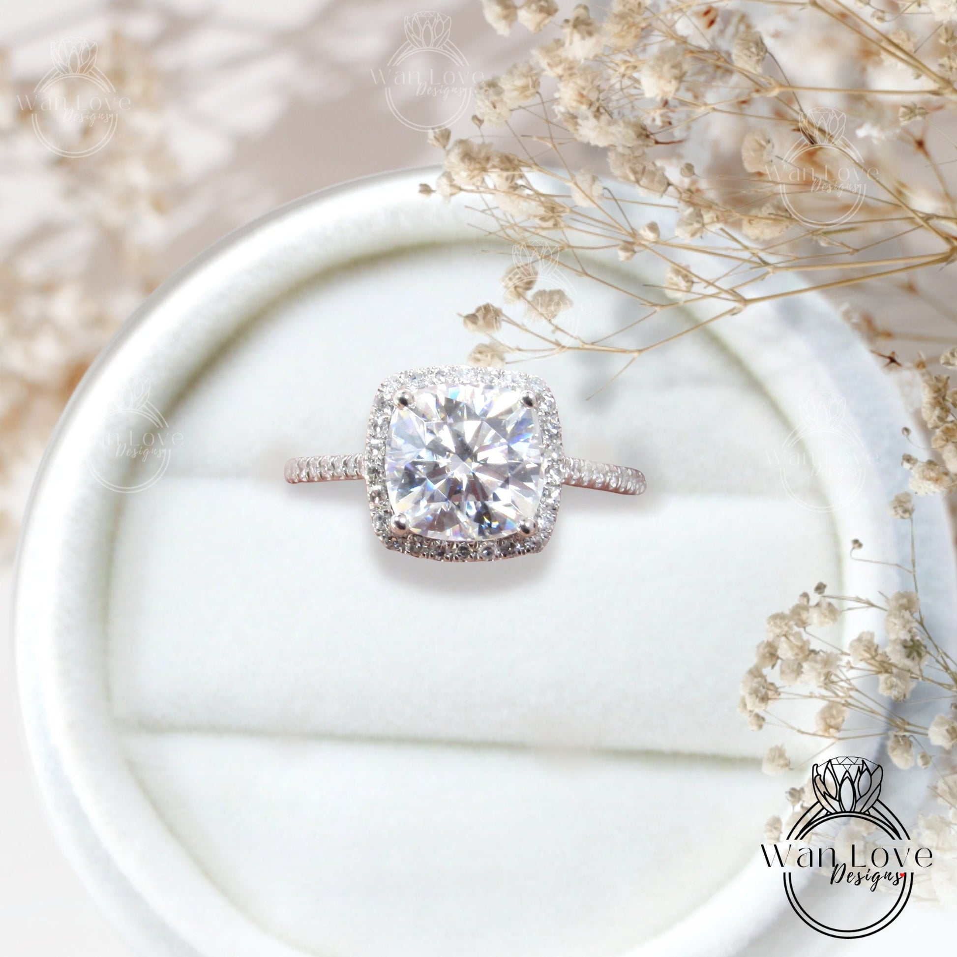 Moissanite & Diamond engagement ring unique cushion cut Vintage halo platinum wedding Bridal promise Anniversary ring wedding ring Ready Wan Love Designs