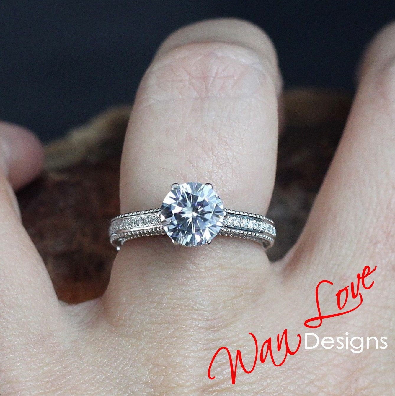 Moissanite & Diamonds Round Beaded Milgrain Engagement Ring antique Round unique filigree Rose Gold Anniversary wedding bridal promise ring Wan Love Designs