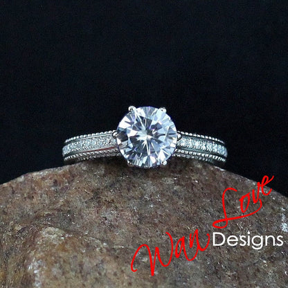 Moissanite & Diamonds Round Beaded Milgrain Engagement Ring antique Round unique filigree Rose Gold Anniversary wedding bridal promise ring Wan Love Designs