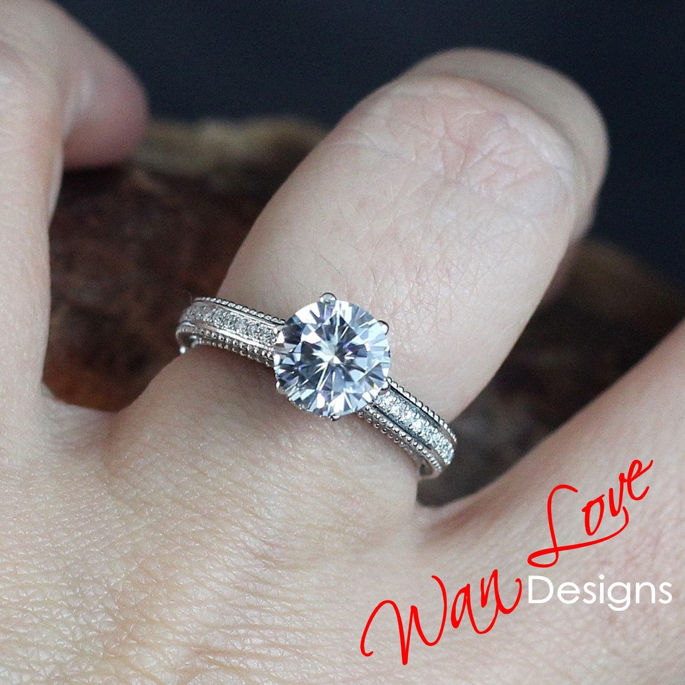 Moissanite & Diamonds Round Beaded Milgrain Engagement Ring antique Round unique filigree Rose Gold Anniversary wedding bridal promise ring Wan Love Designs