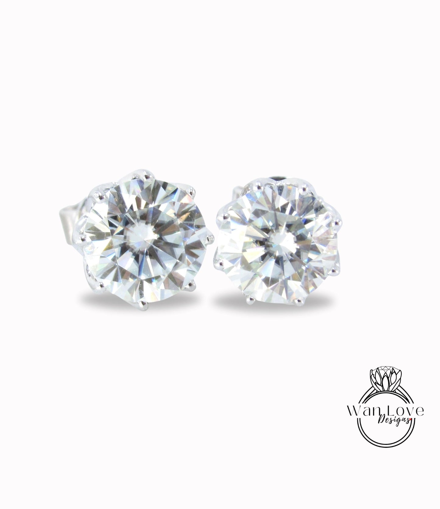 Moissanite Earrings Round cut studs 8 Prongs Screw Back, 1ct each, 2ct total weight, 6.5mm,Custom, White Gold,Anniversary Gift-Ready to Ship Wan Love Designs