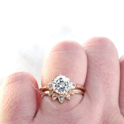 Moissanite Engagement Ring Set, 3 gemstone, Round,Pear, Nesting Wedding Band, 2ct-8mm-3mm-14k 18k White Yellow Rose Gold-Platinum-Custom Wan Love Designs