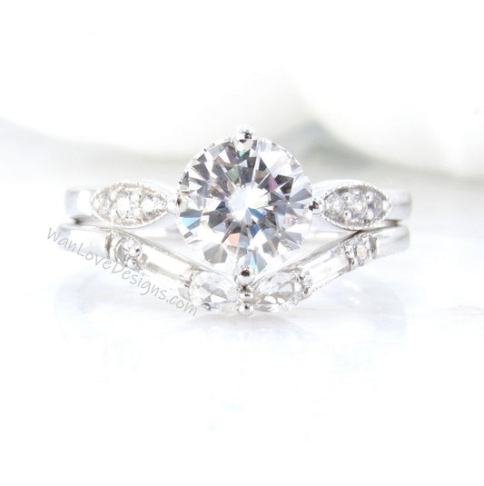 Moissanite Engagement Ring Set | White gold ring Art deco wedding set | Curved baguette pear wedding band bridal set | Anniversary ring Wan Love Designs