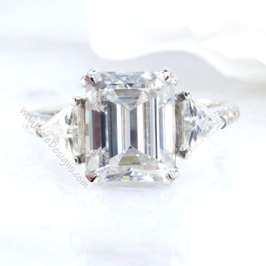 Moissanite Engagement Ring white gold ring Emerald cut ring Three stones wedding diamond Bridal ring Trillion ring Promise Anniversary ring Wan Love Designs