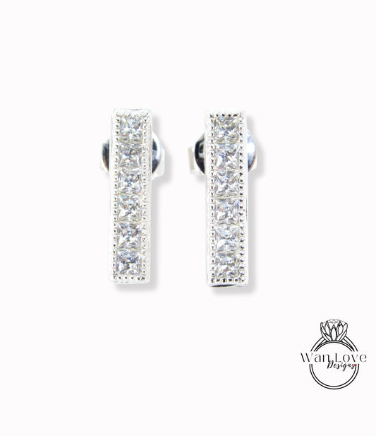 Moissanite Milgrain Bar Earrings Studs French cut moissanite earrings 6 gem stone Princess Earrings White Gold Wedding jewelry Ready to Ship Wan Love Designs