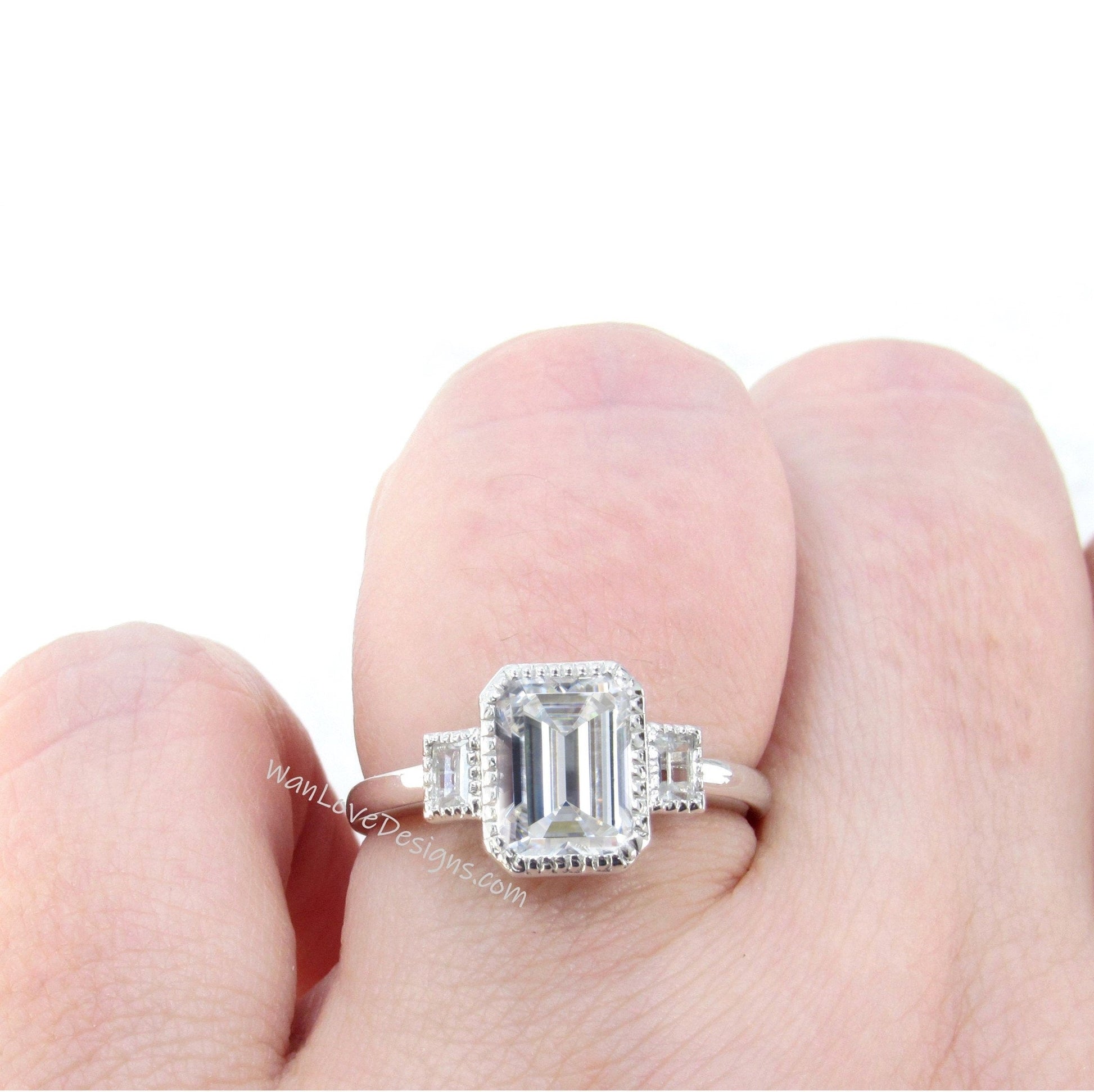 Moissanite Milgrain Bezel set Emerald Baguette cut Gemstone Engagement Ring Wedding, Anniversary