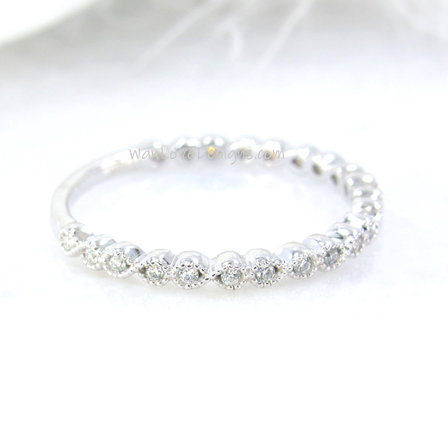 Moissanite Milgrain Infinity Bezel set Almost Eternity Moissanite Wedding Band Stacking Ring Custom Ready to ship Wan Love Designs