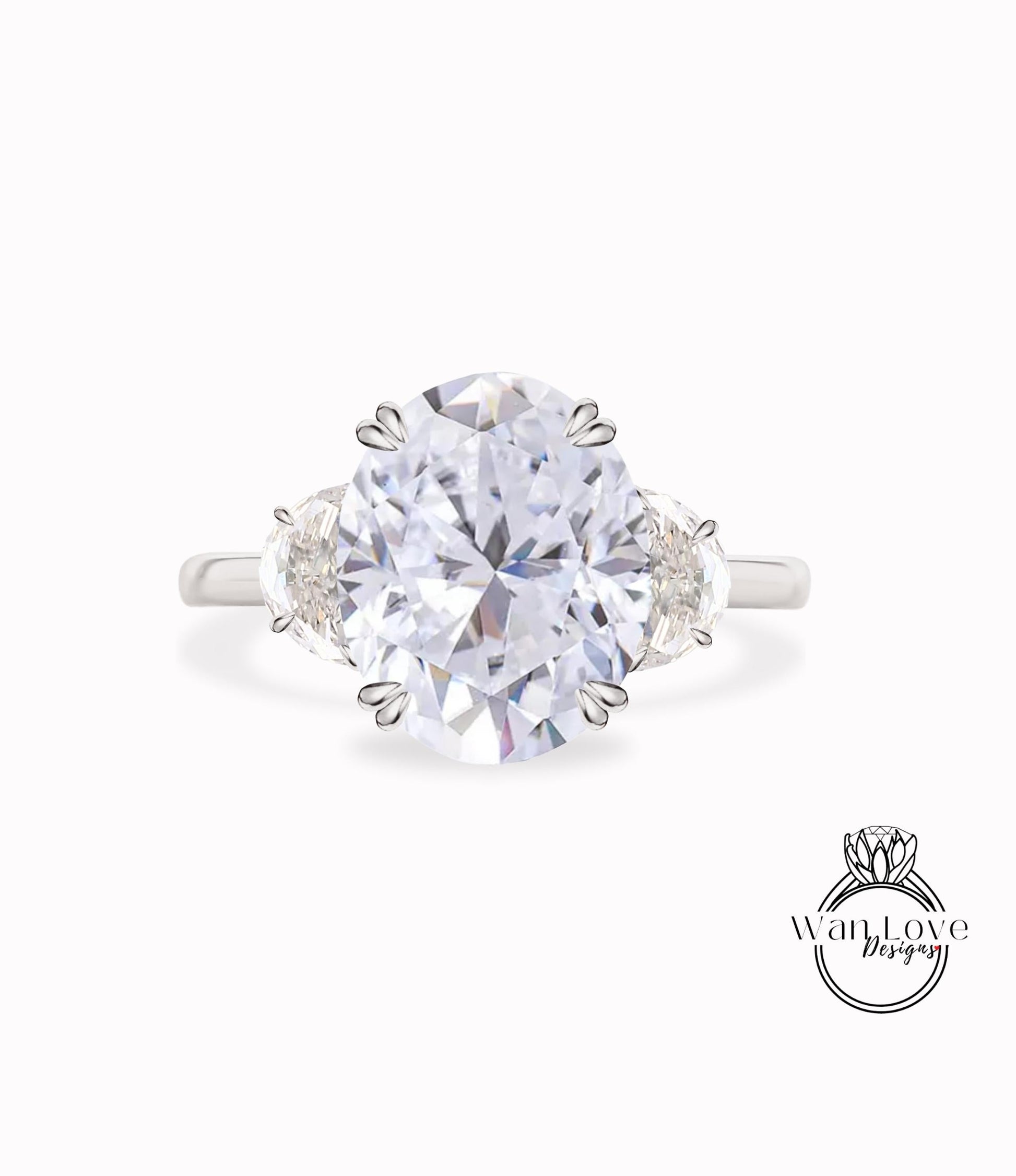 Moissanite Oval Half Moon 3 Gemstone Engagement Ring Filigree Wedding Custom Anniversary Gift Wan Love Designs