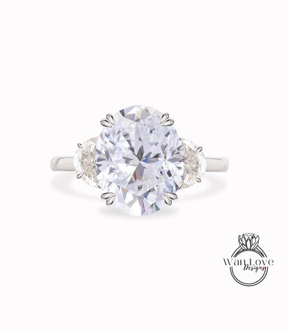 Moissanite Oval Half Moon 3 Gemstone Engagement Ring Filigree Wedding Custom Anniversary Gift Wan Love Designs