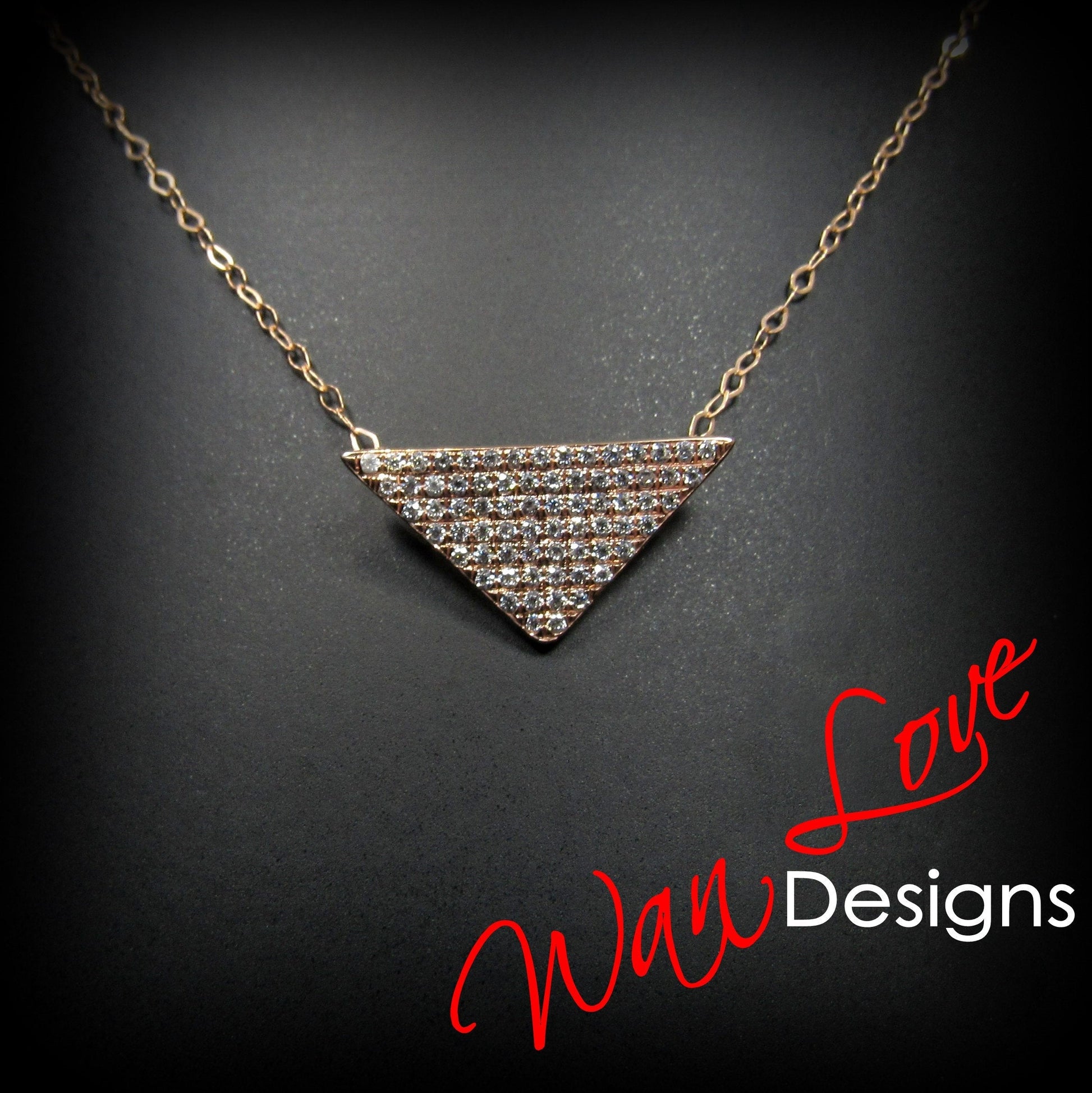 Moissanite Pave Triangle Layering Necklace Charm Art Deco round cut pave moissanite Charm necklace White or Rose Gold dainty chain, Ready Wan Love Designs