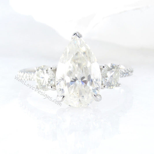 Moissanite Pear Round 3 gemstone Engagement Ring, Custom, 14k 18k White Yellow Rose Gold, Platinum, Wedding,Anniversary Gift Wan Love Designs