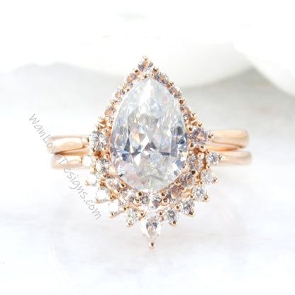 Moissanite Pear engagement ring set Graduated Cluster halo rose gold engagement ring women curved tiara Diamond wedding Bridal Band Gift Wan Love Designs