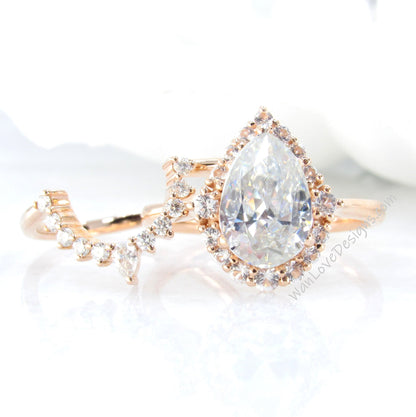 Moissanite Pear engagement ring set Graduated Cluster halo rose gold engagement ring women curved tiara Diamond wedding Bridal Band Gift Wan Love Designs