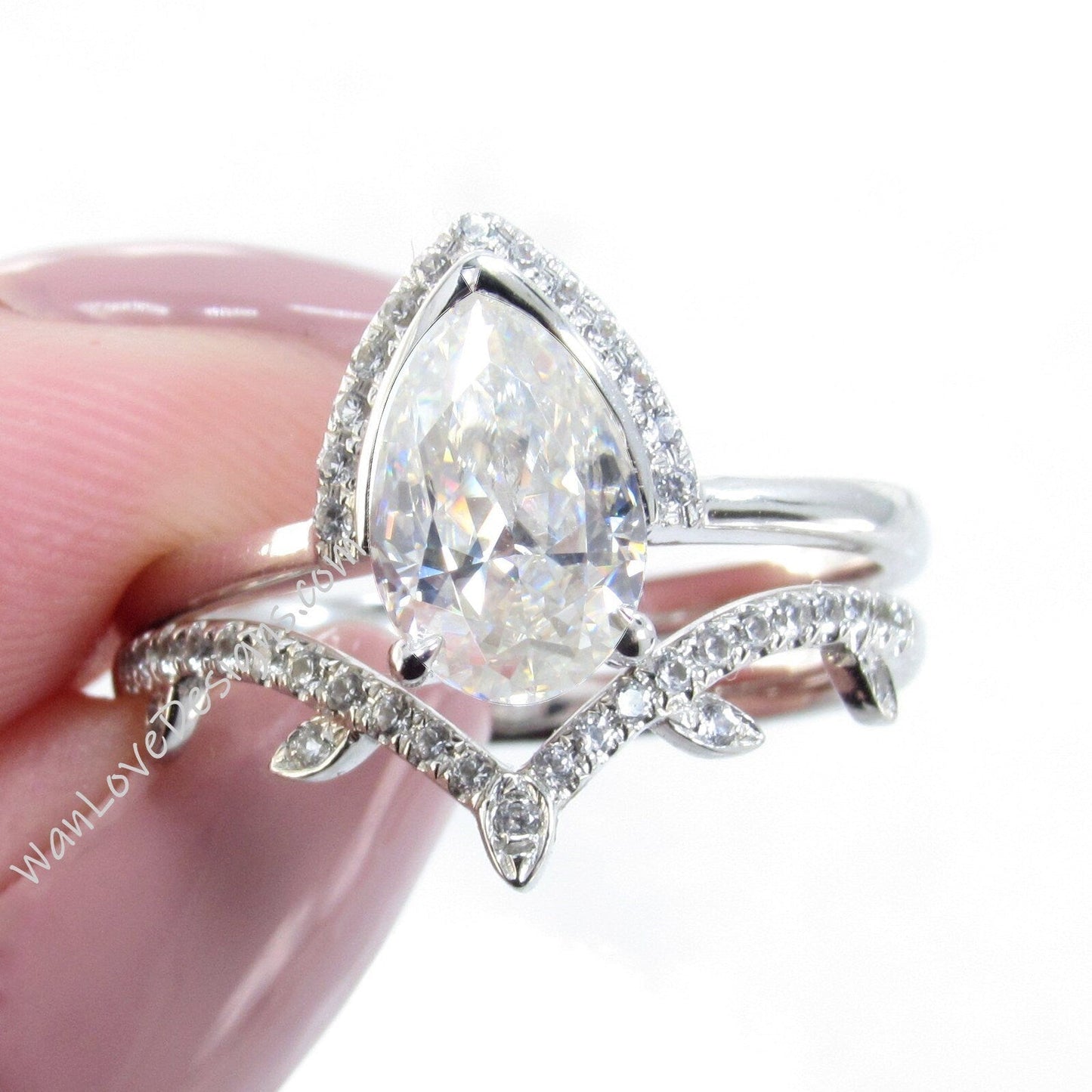 Moissanite Pear engagement ring set art deco semi bezel half halo white gold engagement ring women leaf curve Diamond wedding Bridal Band Wan Love Designs