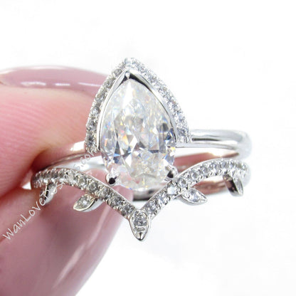 Moissanite Pear engagement ring set art deco semi bezel half halo white gold engagement ring women leaf curve Diamond wedding Bridal Band Wan Love Designs