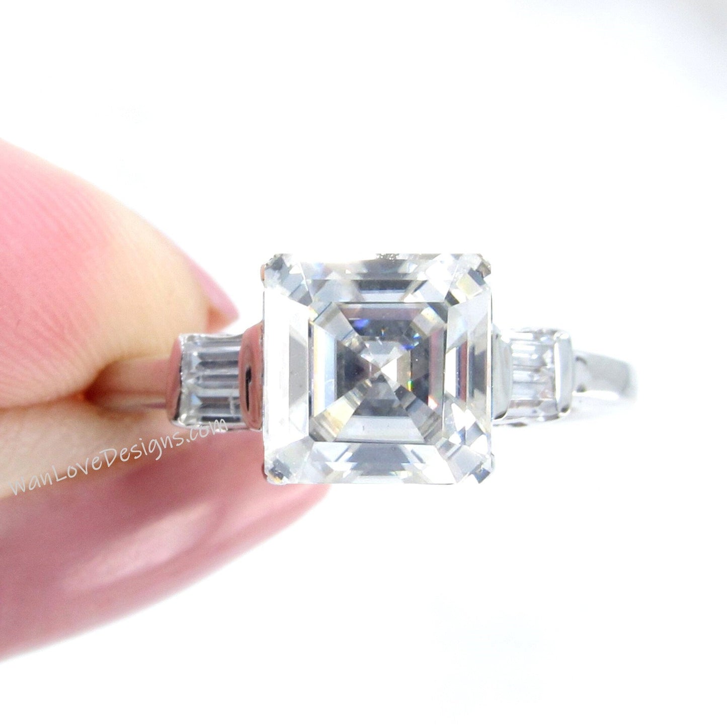 Moissanite Radiant & Baguette Engagement Ring 5 Gemstone Asscher, Custom,Wedding,Anniversary Gift,14k 18k White Rose Yellow Gold Wan Love Designs